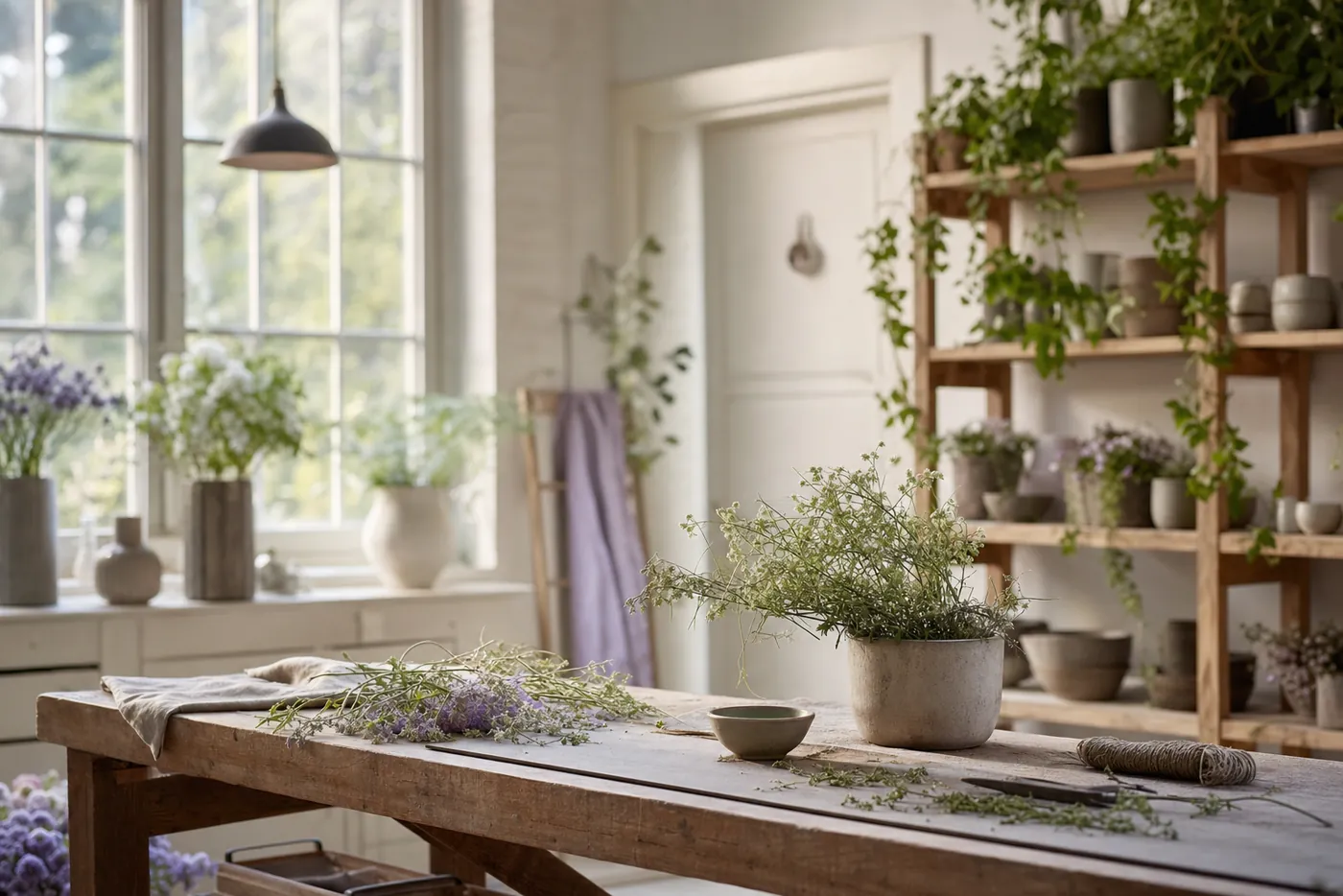 Lichte werkplaats met houten werktafel en planten in ochtendlicht