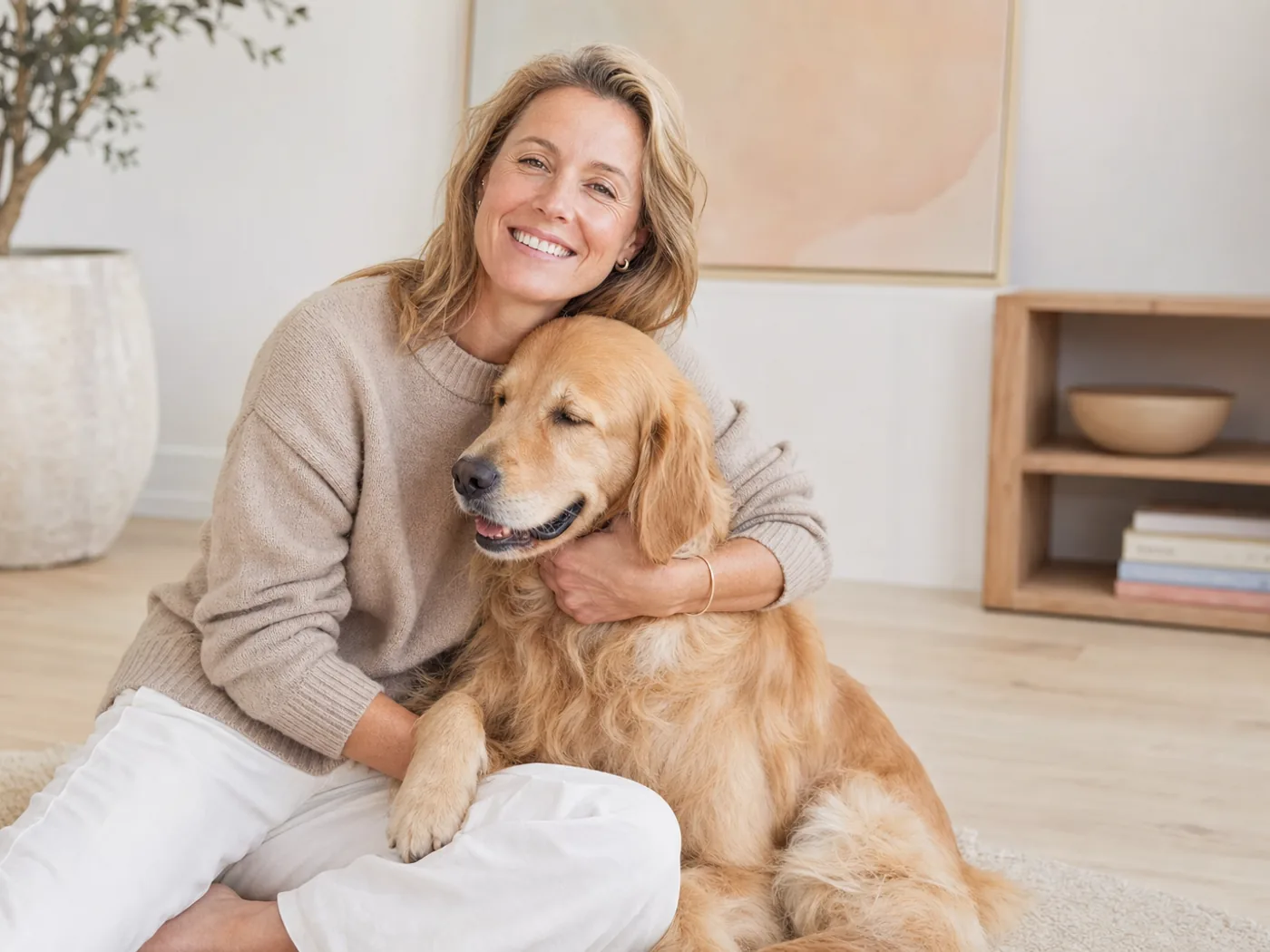Vrouw geniet buiten van een ontspannen moment met haar hond