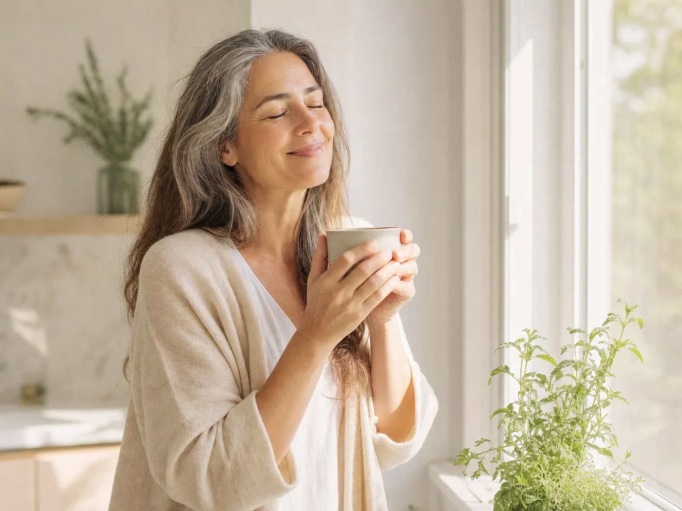 Vrouw die ontspannen aan haar ochtendroutine begint met een kop thee bij het raam