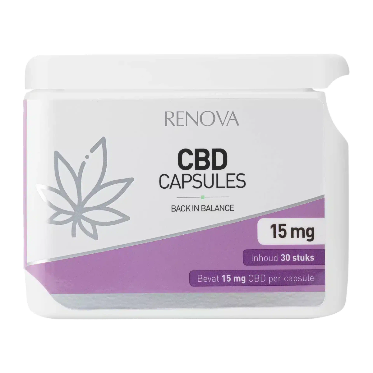 Verpakking van Renova CBD-capsules 15 mg