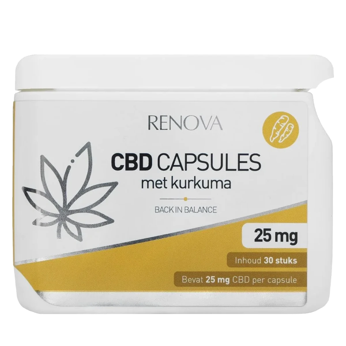Verpakking van Renova CBD-capsules met kurkuma