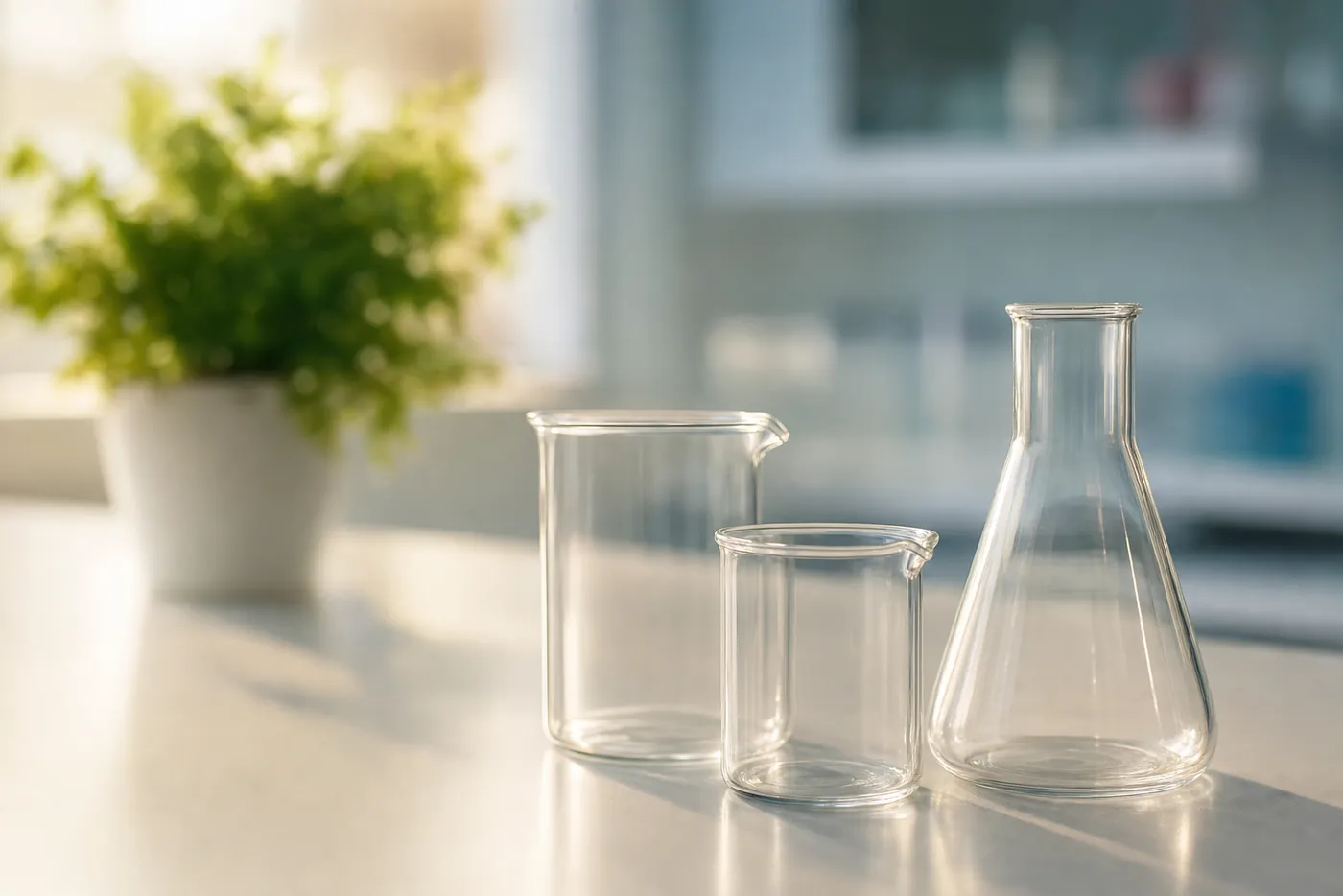 Schoon laboratoriumglaswerk op een lichte werkbank met een plant op de achtergrond