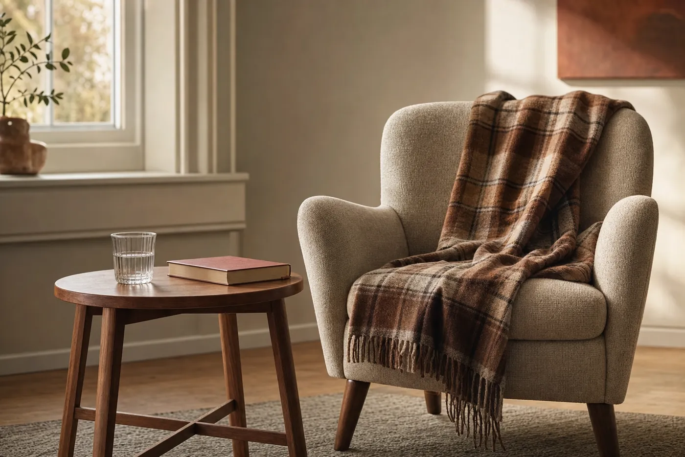 Rustige woonkamerhoek in ochtendlicht met een fauteuil, plaid en een glas water